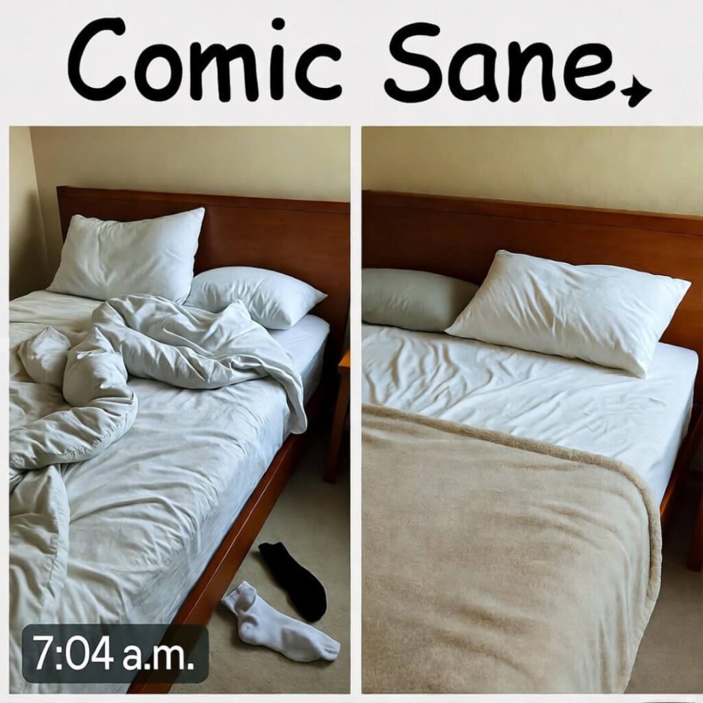 Unmade bed with socks, tidied pillow, ironic caption.