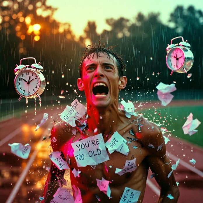 Soaked runner shattering doubts in the rain.