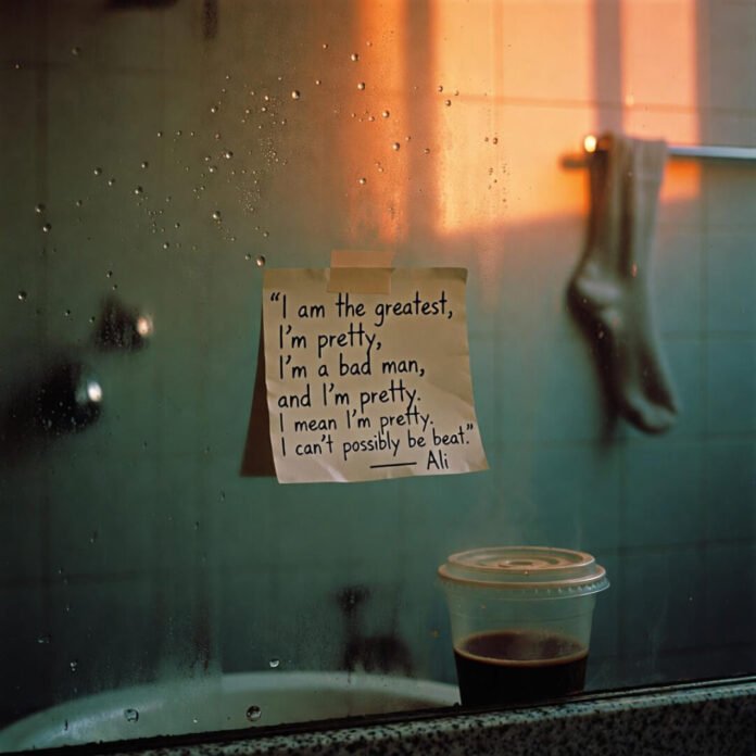 Foggy mirror with Ali quote and coffee