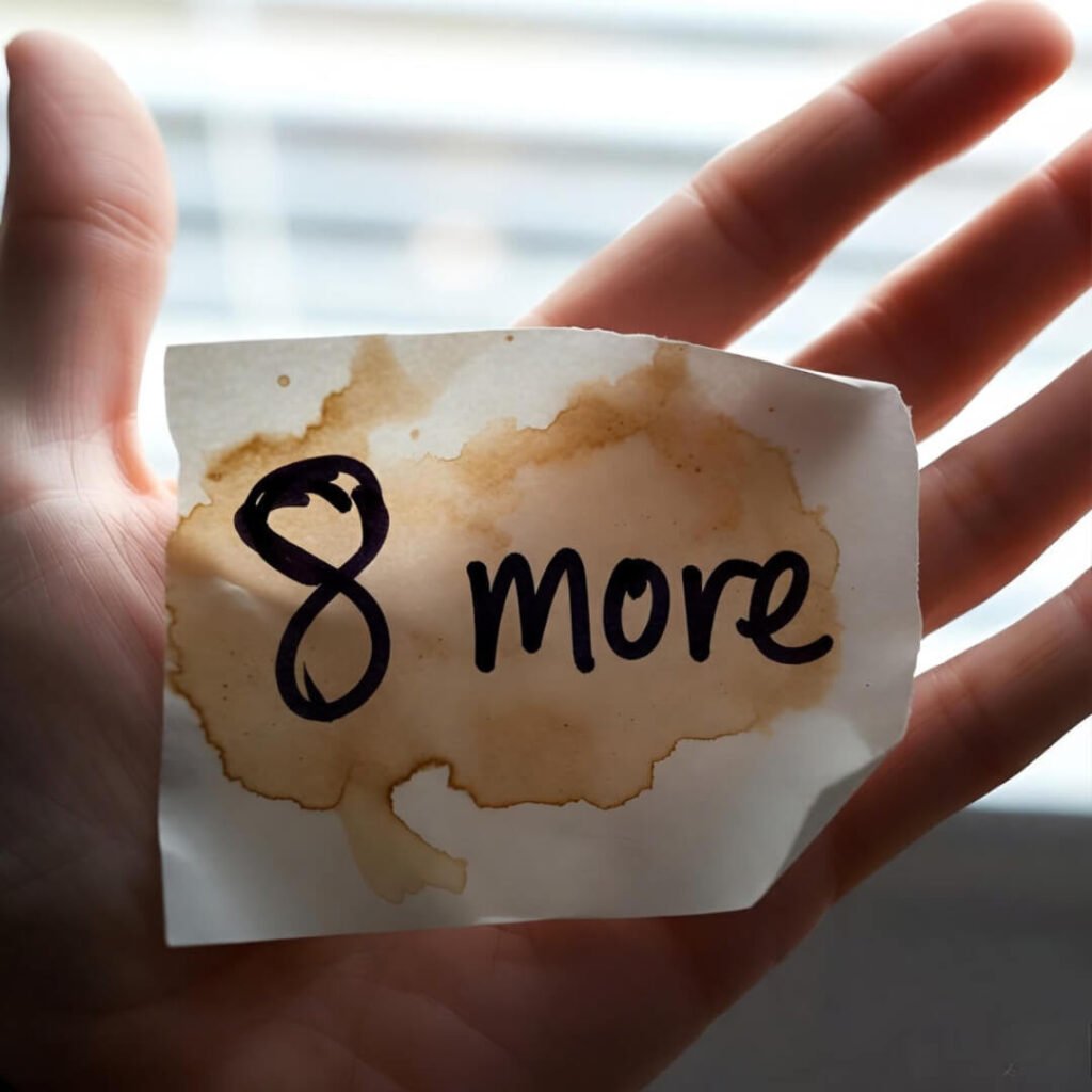 Shaky hand holding coffee-stained "8 more" note.