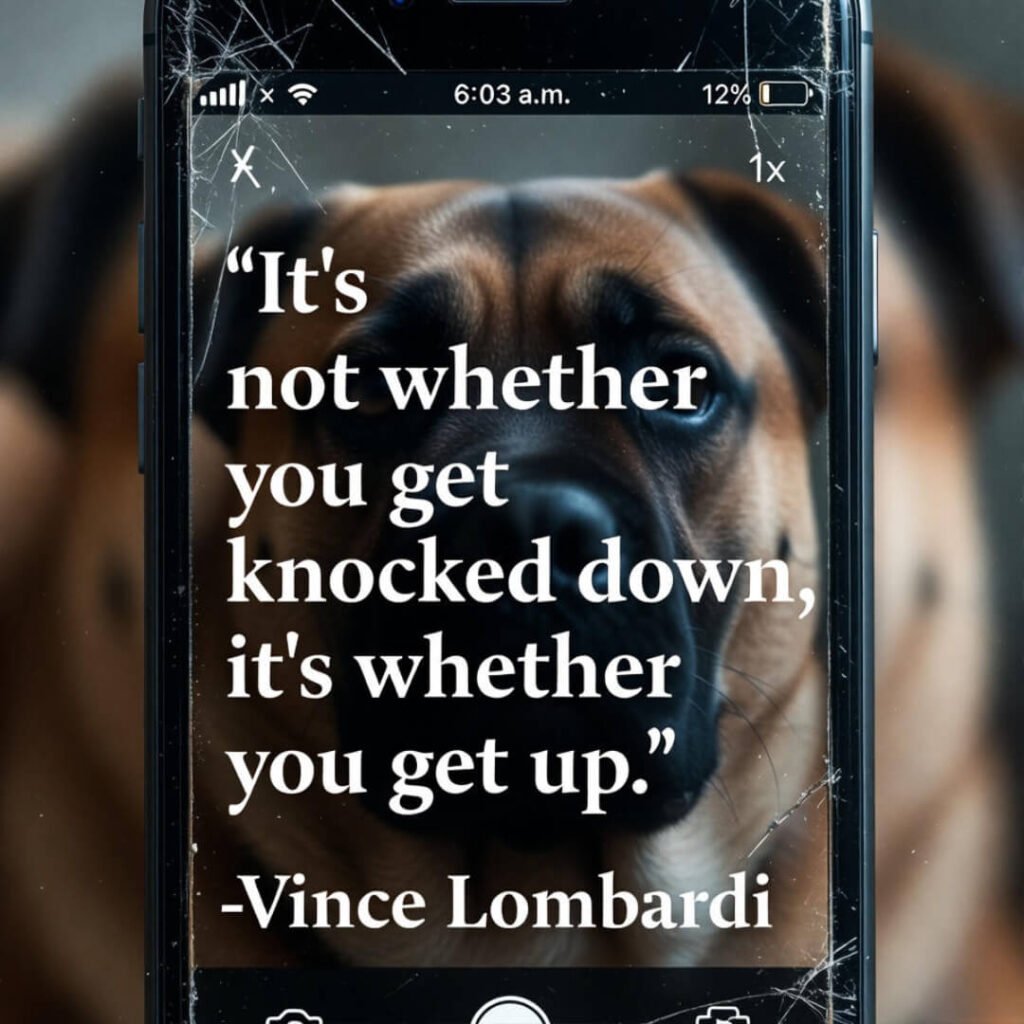 Cracked phone showing Lombardi quote over disappointed dog