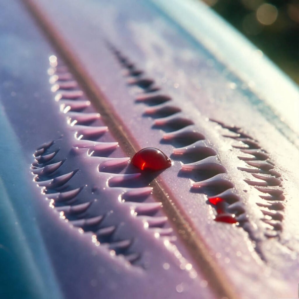 Shark-bite scars in wax, red drop melting.