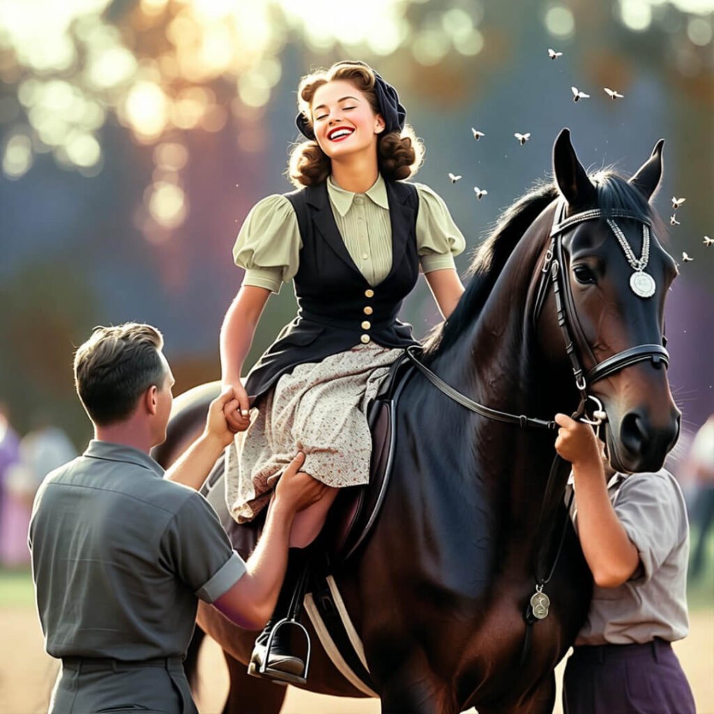 Smiling rider lifted onto horse, silver medal glowing.