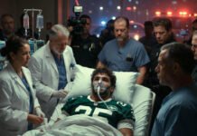 Blog Title: Jets’ Kris Boyd in Critical Condition After Being Shot in NYC New York Jets player Kris Boyd lies injured in hospital bed, attended by doctors and police amid emergency lights.
