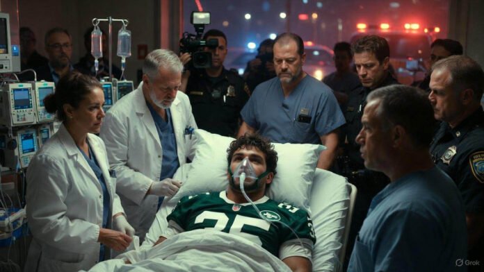 New York Jets player Kris Boyd lies injured in hospital bed, attended by doctors and police amid emergency lights.