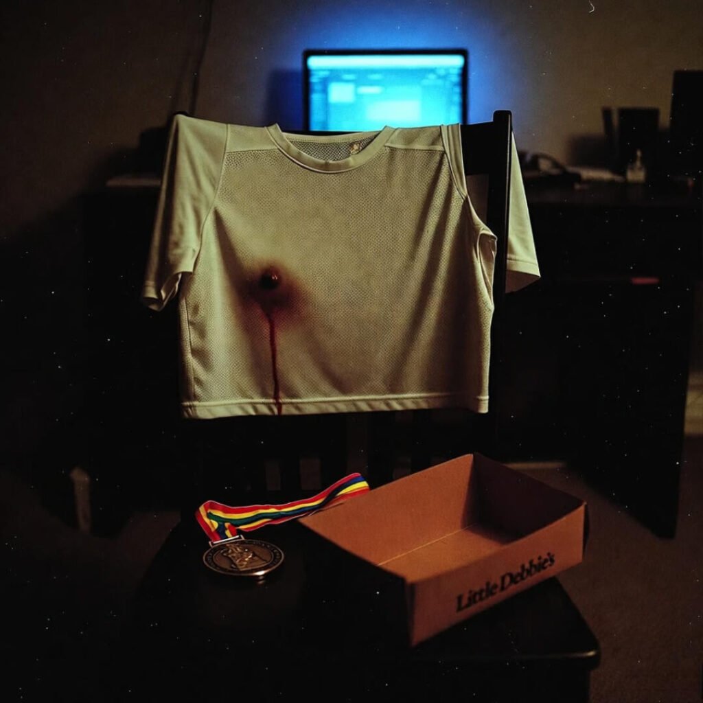 Bloody shirt, sad medal, Little Debbie’s. Real trophy.