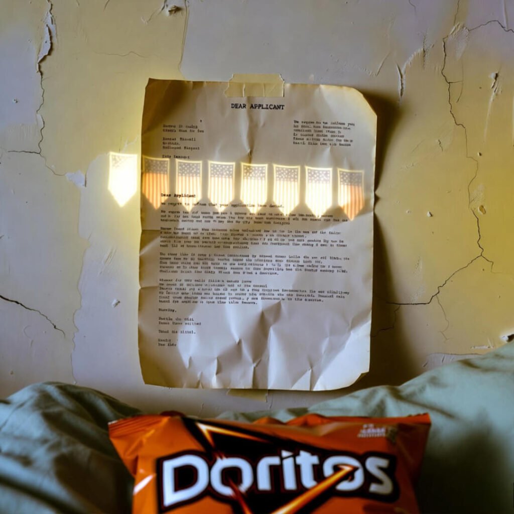 Rejection letter glowing with future championship banners.