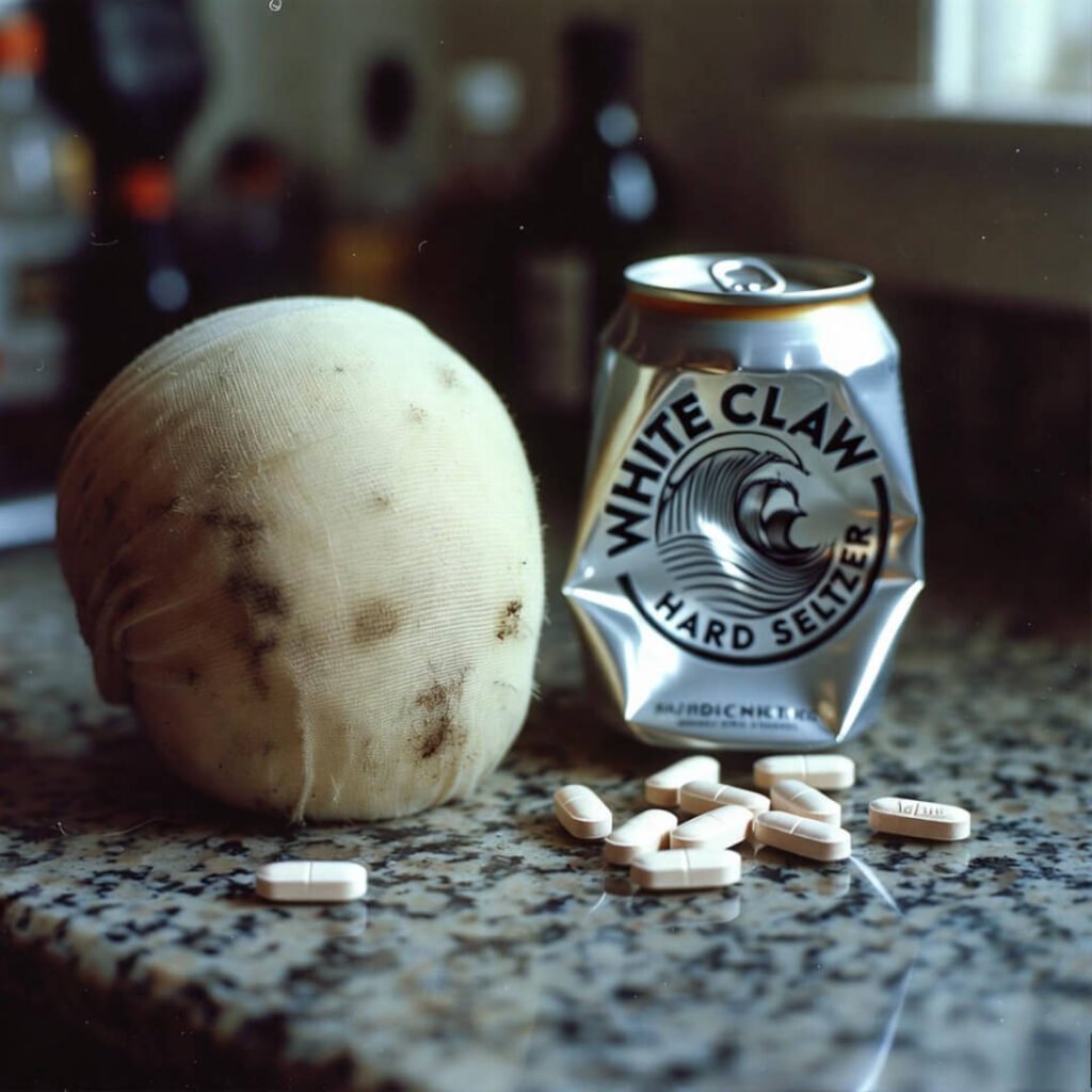 Crusty knee sleeve, crushed White Claw, scattered Advil