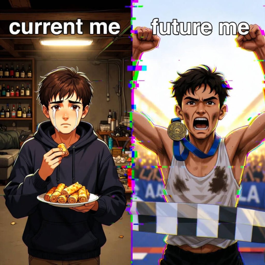 Split-screen: crying with pizza rolls vs. crying with medal.