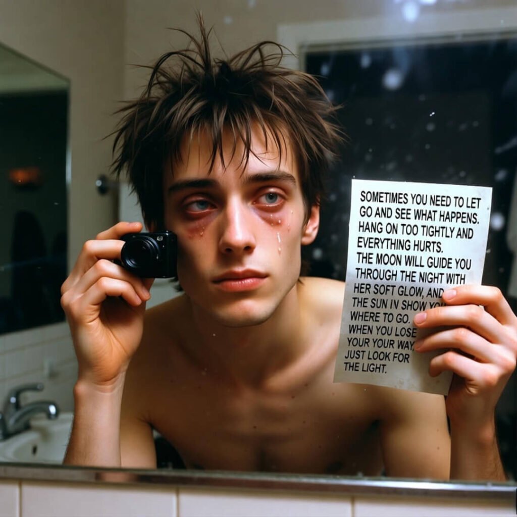 3am shirtless mirror selfie, bloodshot eyes, greasy quote