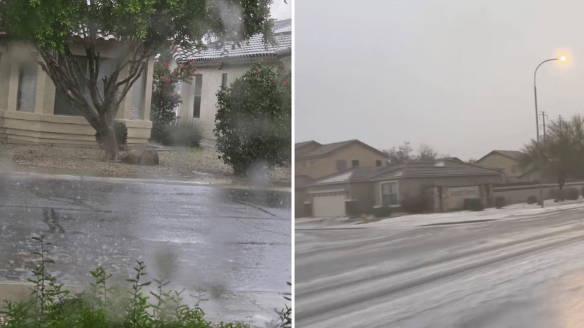 Avondale got hit with rain while hail covered the streets near 100th Avenue and Lower Buckeye Road.(Kelly Nicole Thurman/Miguel Roman)