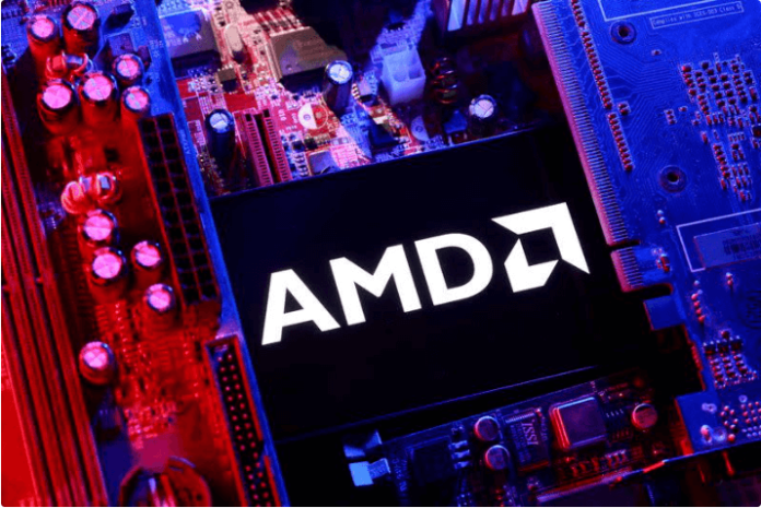 Illustration shows AMD logo and computer motherboard · Reuters