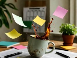 How to Develop New Skills in 30 Days: A Step-by-Step Guide Chaotic Denver desk: spilling mug, swirling sticky notes.