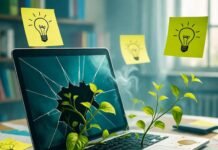 Top Skill Development Strategies for Career Advancement Cracked laptop sprouting vines amid sticky-note chaos.