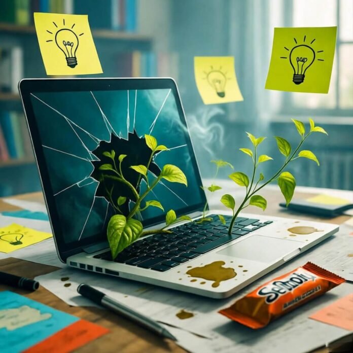 Cracked laptop sprouting vines amid sticky-note chaos. Cracked laptop sprouting vines amid sticky-note chaos.
