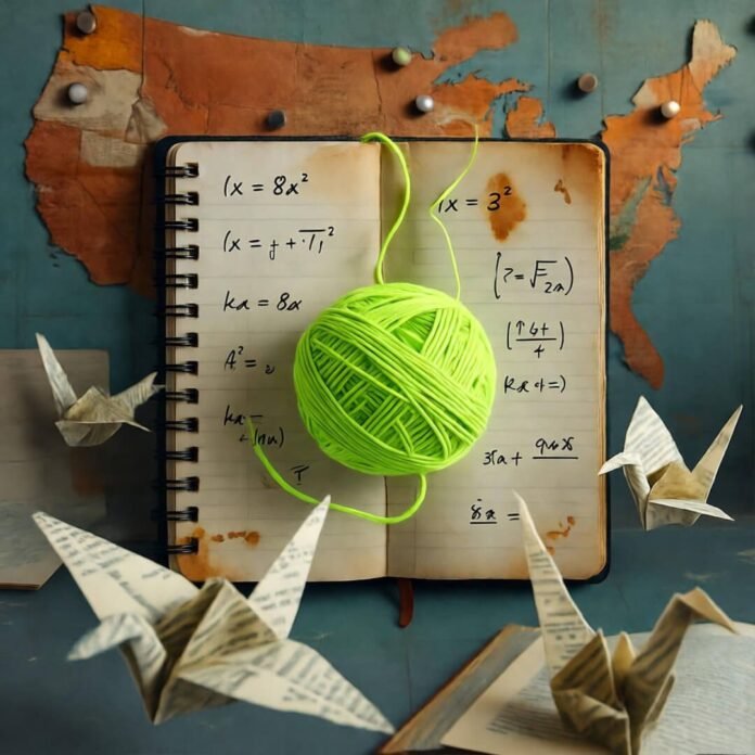 Neon yarn tangles notebook on US map.