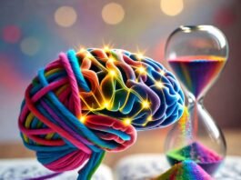 How to Master New Skills Faster: Tips for Skill Development Neon yarn-brain synapse with rainbow hourglass.