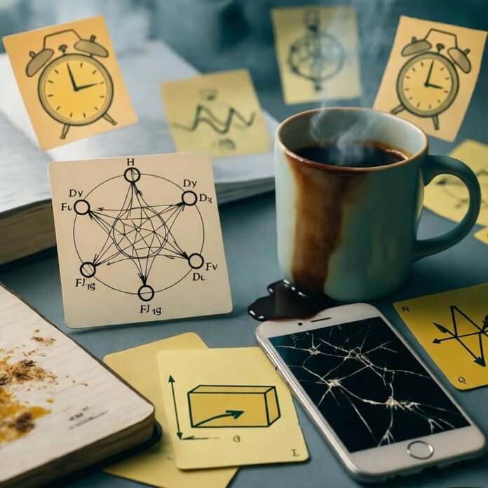 Spilled coffee chaos on Feynman flashcards. Spilled coffee chaos on Feynman flashcards.