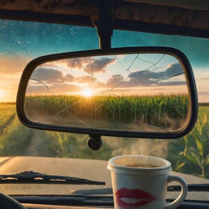 Cracked mirror reflects sunrise, coffee mug steams.