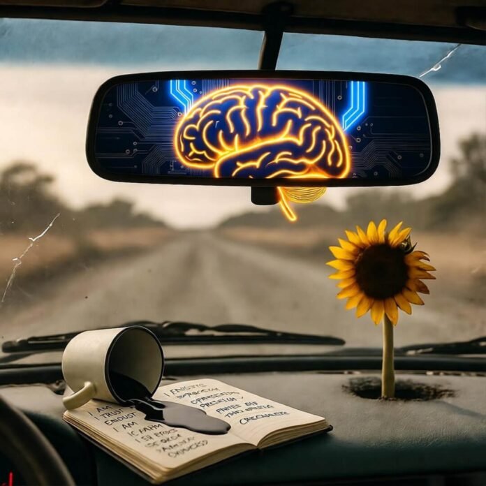 Cracked mirror reflects neon brain; spilled coffee, wilted sunflower. Cracked mirror reflects neon brain; spilled coffee, wilted sunflower.