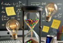 10 Creative Ideas to Boost Productivity Melting hourglass spills neon beans, ideas float.