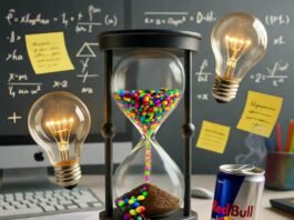 10 Creative Ideas to Boost Productivity Melting hourglass spills neon beans, ideas float.