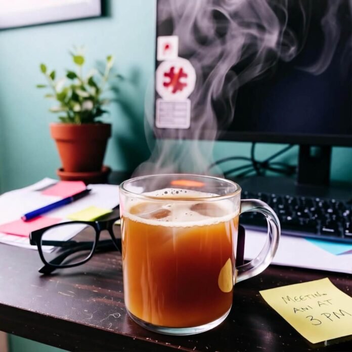 Steamy cold brew over cluttered desk chaos.