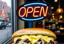 Creative Ideas for Starting Your Own Business: Tips from Successful Entrepreneurs Half-eaten cheesesteak, greasy keyboard, flickering neon "OPEN" sign.
