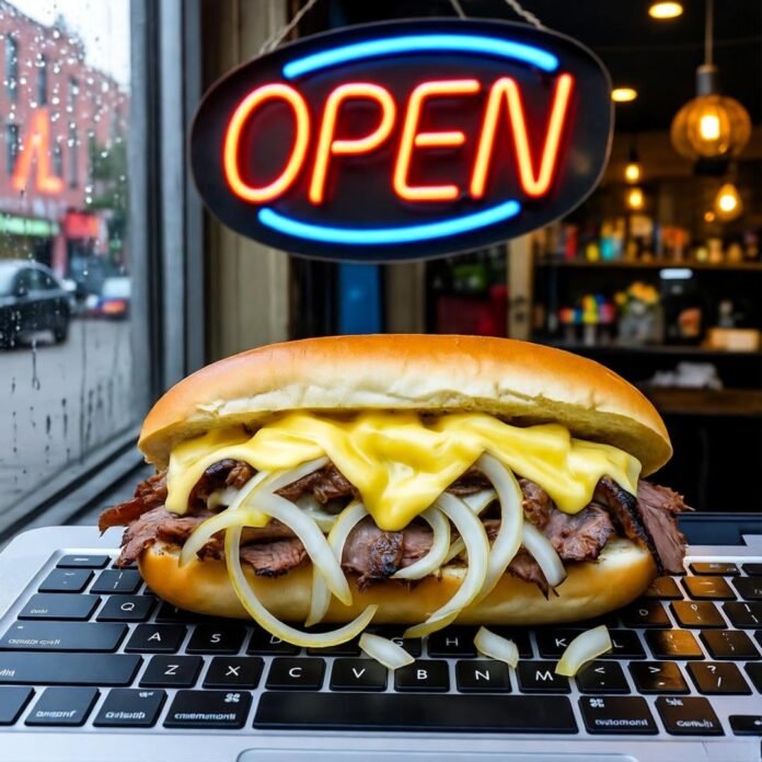 Half-eaten cheesesteak, greasy keyboard, flickering neon "OPEN" sign. Half-eaten cheesesteak, greasy keyboard, flickering neon "OPEN" sign.