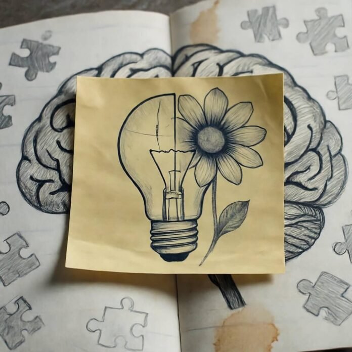 Lightbulb-flower sticky note on puzzle-brain notebook. Lightbulb-flower sticky note on puzzle-brain notebook.