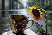 The Ultimate Guide to Self-Improvement: 5 Steps to Transform Your Life Cracked mug spills coffee on planner, wilted sunflower persists.