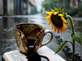 The Ultimate Guide to Self-Improvement: 5 Steps to Transform Your Life Cracked mug spills coffee on planner, wilted sunflower persists.