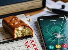 How to Achieve Self-Improvement in Every Area of Your Life? Crumbled bar, cracked app, red X calendar.