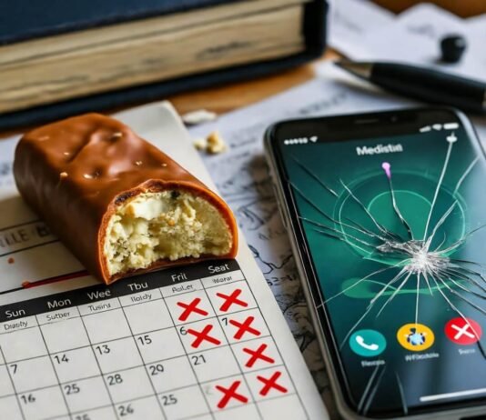 How to Achieve Self-Improvement in Every Area of Your Life? Crumbled bar, cracked app, red X calendar.