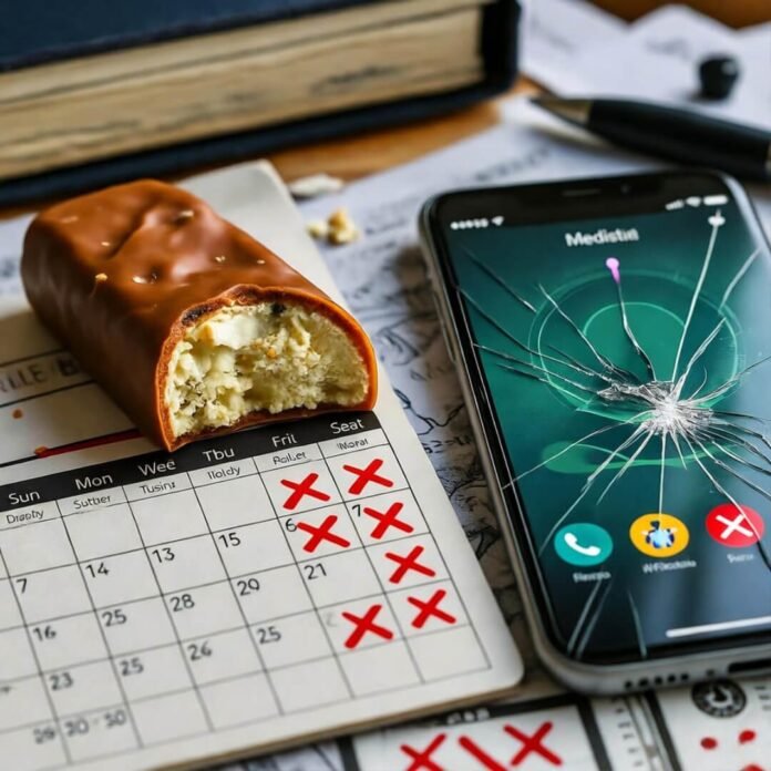Crumbled bar, cracked app, red X calendar.