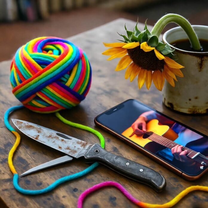 Neon yarn tangled with knife, wilted sunflower, guitar tutorial.
