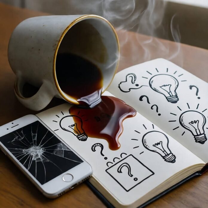 Coffee spill on doodled notebook, cracked phone.