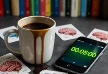 5 Powerful Learning Strategies to Retain More Information in Less Time Coffee spill on brain flashcards, timer at 00:05:00.