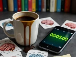 5 Powerful Learning Strategies to Retain More Information in Less Time Coffee spill on brain flashcards, timer at 00:05:00.