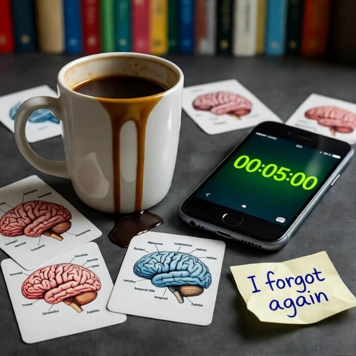 Coffee spill on brain flashcards, timer at 00:05:00. Coffee spill on brain flashcards, timer at 00:05:00.