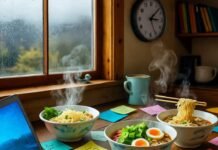 How to Stay Productive in a Busy World: 7 Tips for Maximum Efficiency Rainy cabin workspace: ramen, Post-its, upside-down clock.