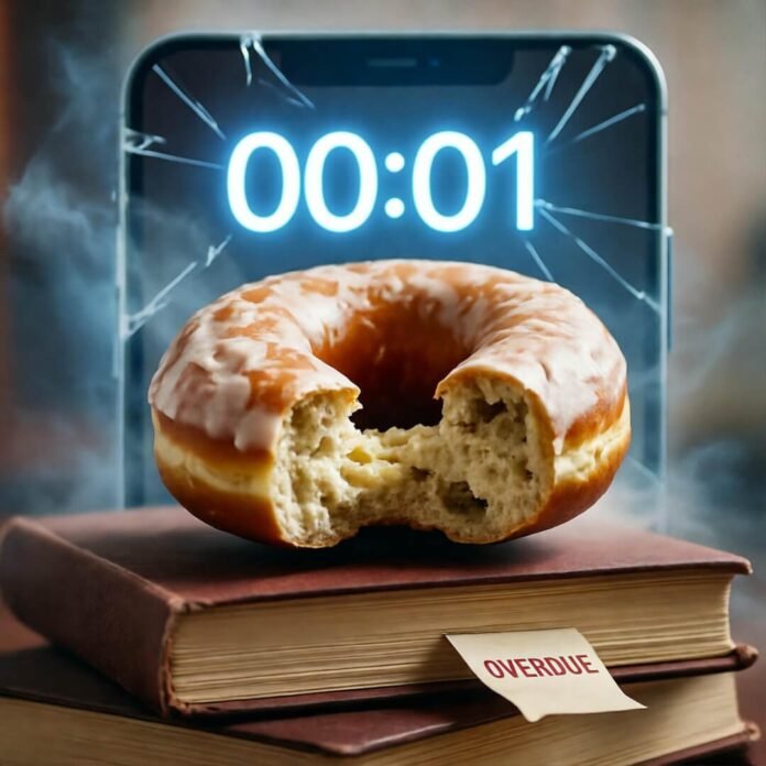 Donut on books, cracked timer: chaos.