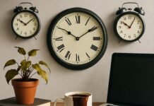Master Your Mind – Concentration Techniques to Eliminate Distractions Cluttered desk chaos with floating clocks.