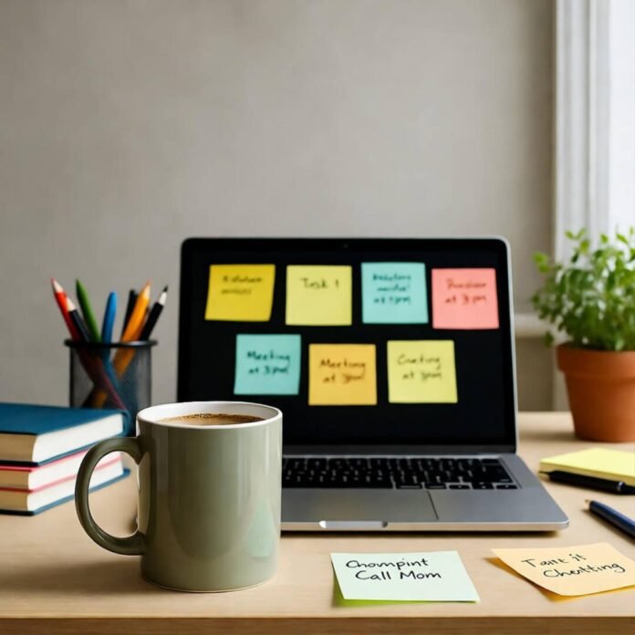 Coffee, notes, laptop: focus battle. Coffee, notes, laptop: focus battle.