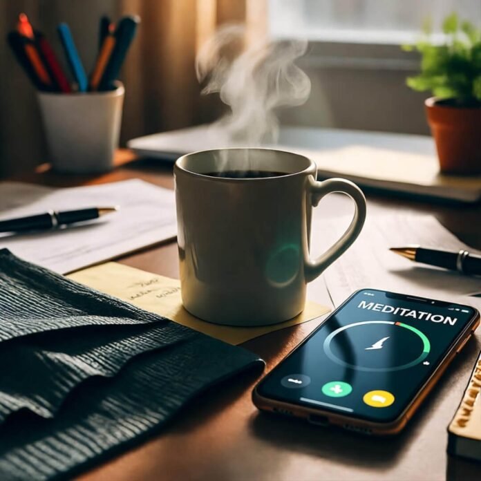 Steaming coffee, meditation app, cluttered desk. Steaming coffee, meditation app, cluttered desk.