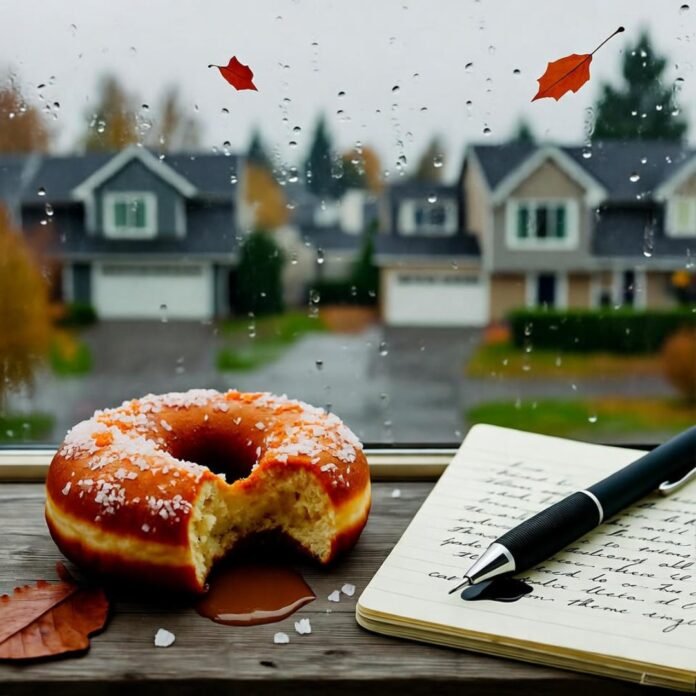 Donut, ink spill, rainy window thoughts.