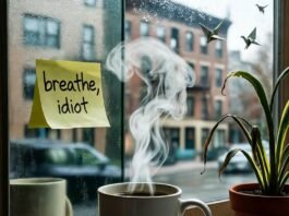 Daily Mental Wellness Habits That Will Transform Your Life Coffee steam question mark, wilting plant, rainy Chicago.