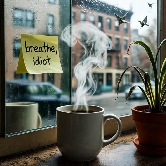 Coffee steam question mark, wilting plant, rainy Chicago.