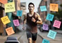 How to Get Fit Fast: The Ultimate Guide to Physical Fitness Sweaty runner on urban sidewalk with floating notes.