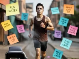 How to Get Fit Fast: The Ultimate Guide to Physical Fitness Sweaty runner on urban sidewalk with floating notes.